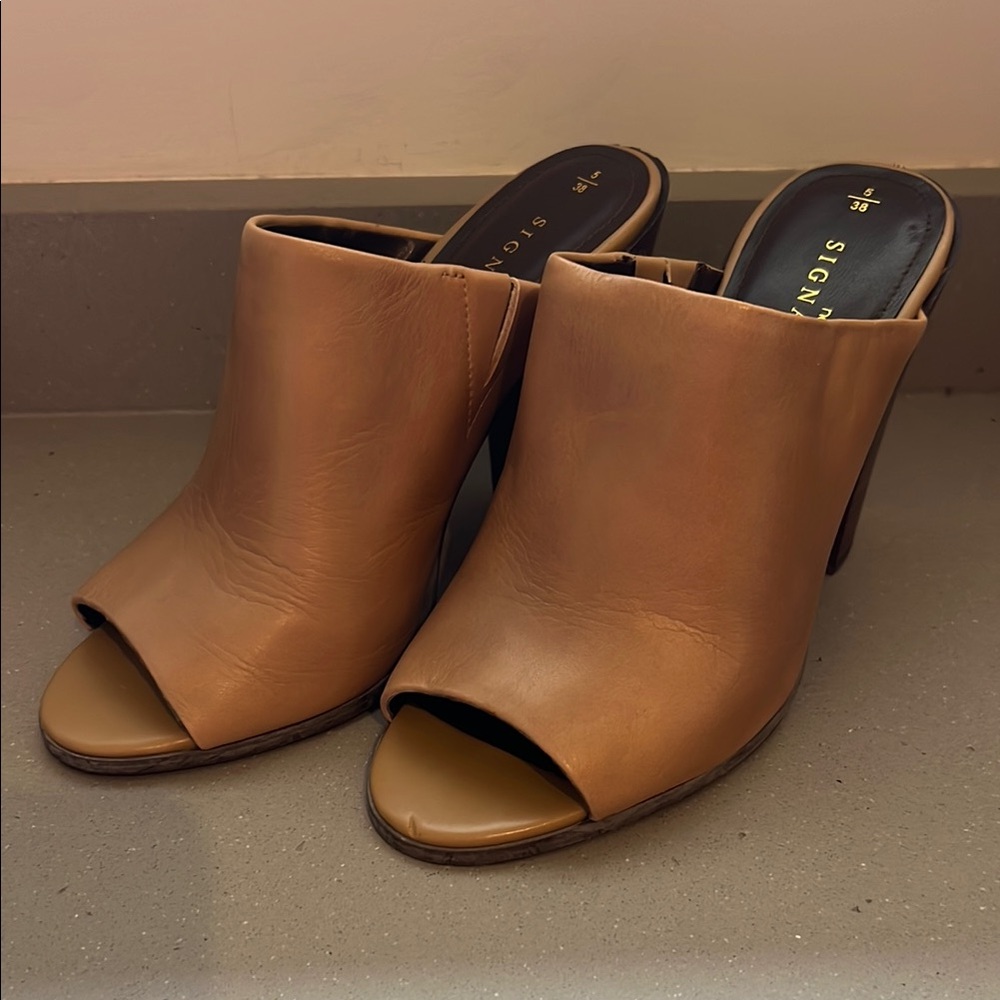 Signature Tan Leather Mules with Stiletto Heel